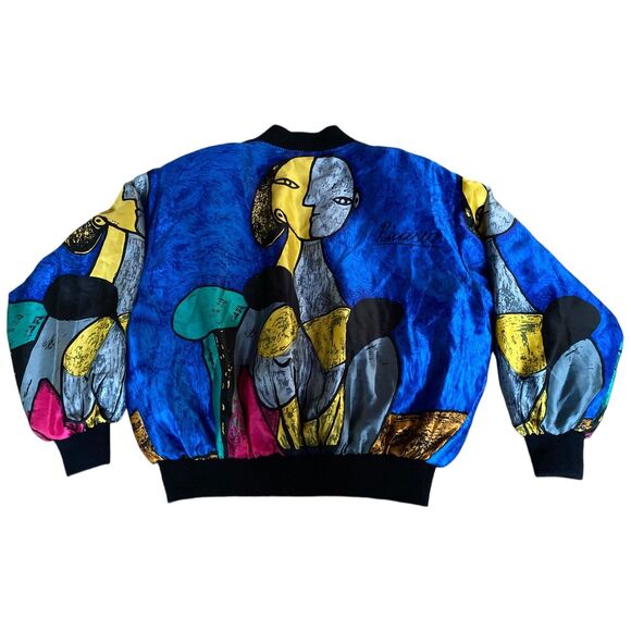 Vtg 90s Exclusively Misook OS Picasso graphic satin bomber jacket wearable art - Picture 8 of 12